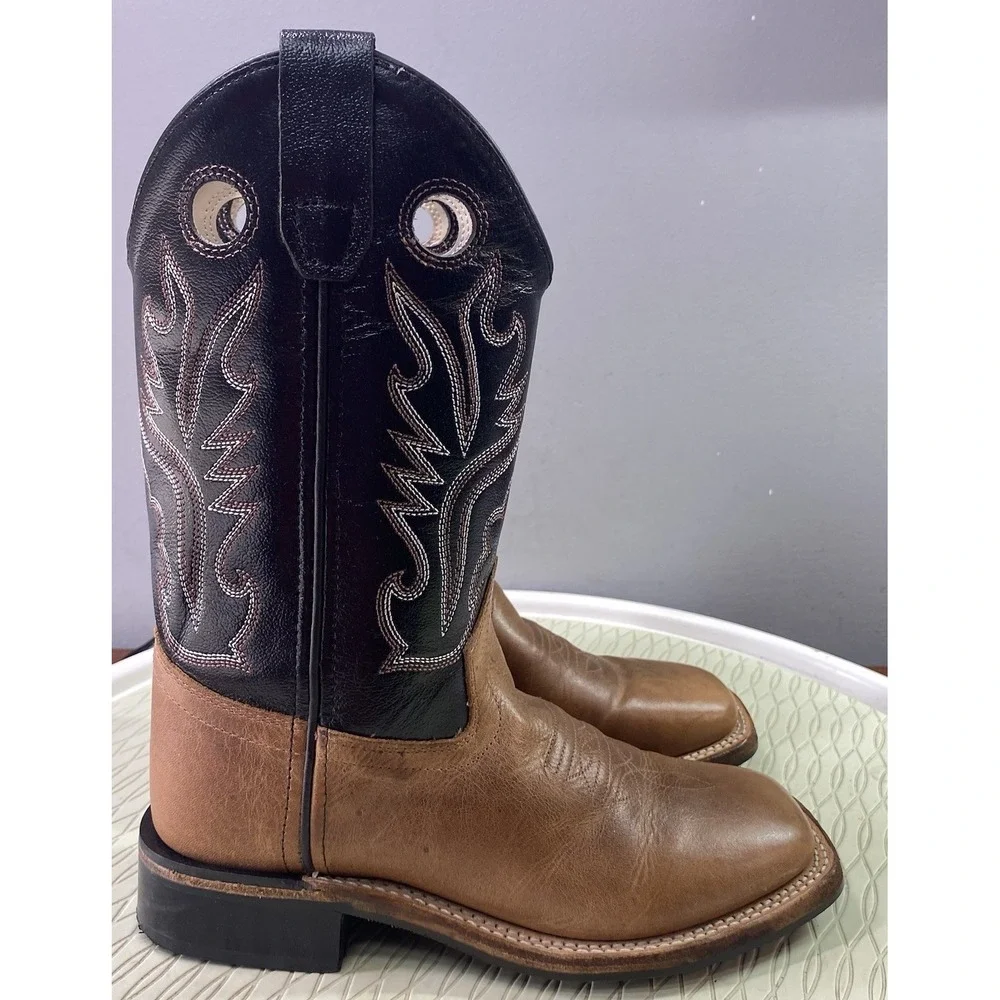 Old West Boys Leather Western Cowboy Kids Riding Boots Brown&Black Youth Sz.2 D‎